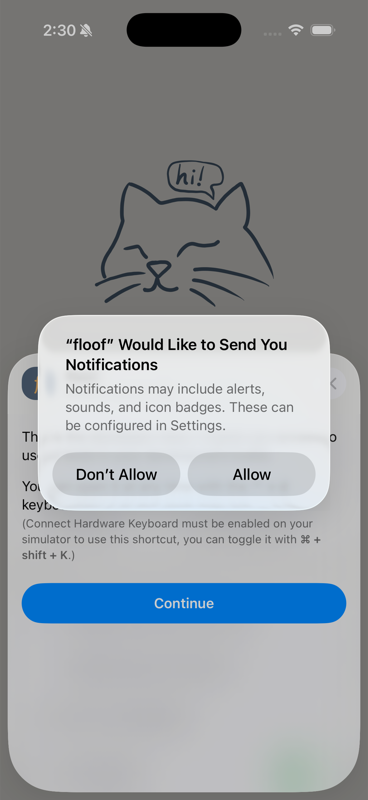 iOS permission prompt asking to allow floof to send notifications
