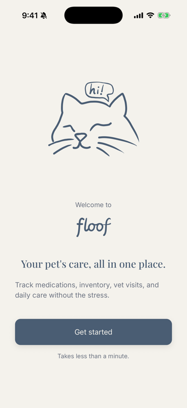 floof welcome screen with a cat illustration and the tagline 'Your pet's care, all in one place'