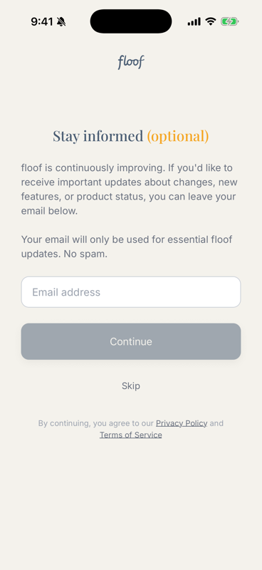 floof onboarding email screen with an optional email field and a Skip button