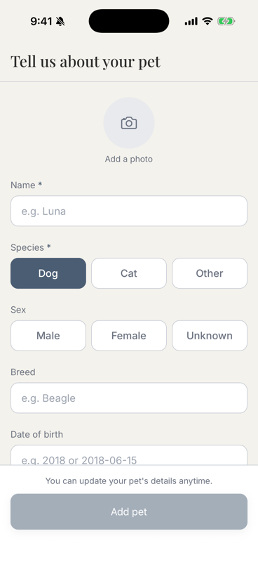 Add Pet form showing name, species, breed, and colour fields with slate asterisks on required fields