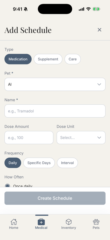 Add Schedule form with the schedule type selector showing Medication, Supplement, and Care options
