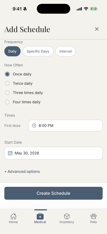 Add Schedule form showing frequency options: daily, specific days, or an interval, with a time picker