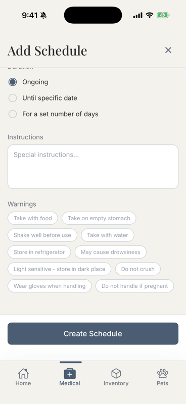 Add Schedule form with the optional warnings section expanded showing 'Give with food' and other chips