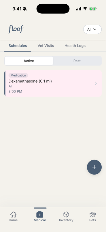 Medical tab showing the newly added medication as an active schedule card