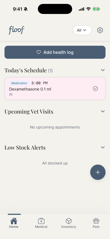 floof Home screen with Today's Schedule section showing a dose card for a medication