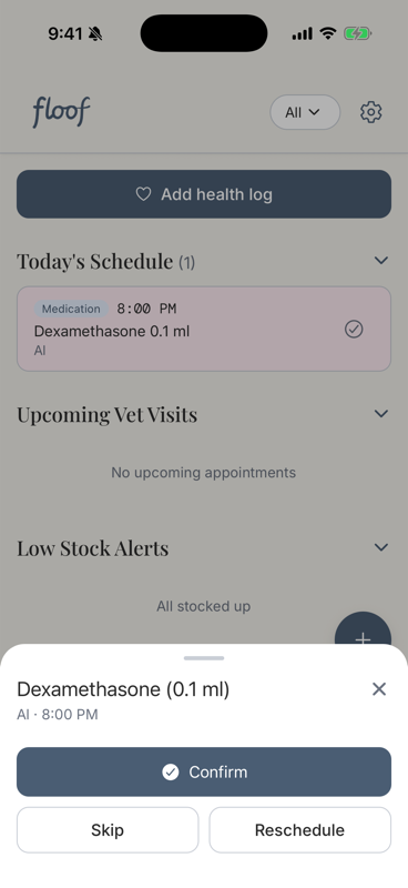 Dose detail sheet showing Confirm, Skip, and Reschedule action buttons