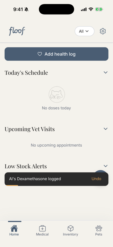 floof Home screen after confirming a dose, showing an Undo snackbar at the bottom