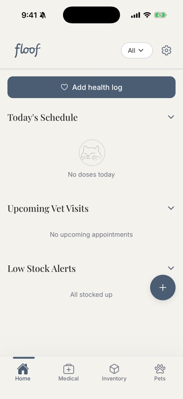 floof Account screen opened from the cog icon, showing vet details, notification settings, and feedback options