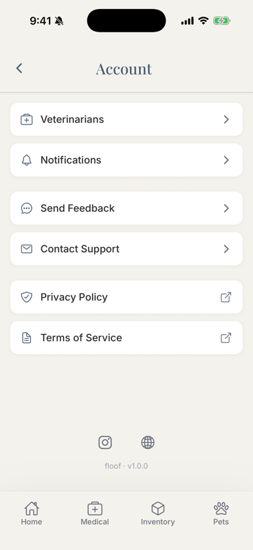 floof Account screen showing sections for Vets, Notifications, Send Feedback, and support links