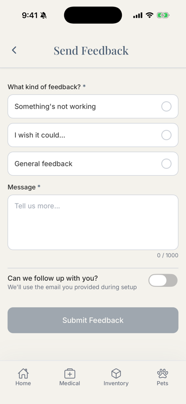floof Send Feedback form with a text area and category picker including 'Something's not working'