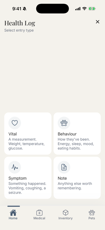 floof Home screen with the Add Health Log button and the four entry type cards: Vital, Behaviour, Symptom, Note