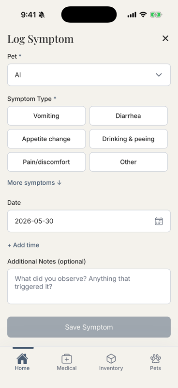 Log Symptom form showing a two-tier symptom type picker with Vomiting selected
