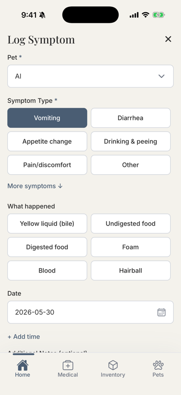 Log Symptom form with descriptor chips expanded showing options like 'Yellow liquid (bile)' and 'Foam'