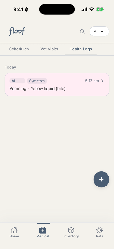 Medical tab Health Logs list showing saved entries grouped by day