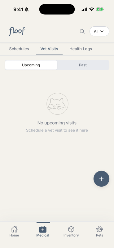 Medical tab Vet Visits list showing past and upcoming visit entries