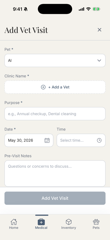 Add Vet Visit form showing date, reason, and notes fields