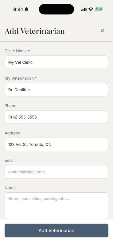 Add Vet form showing clinic name, veterinarian, phone, address, and email fields