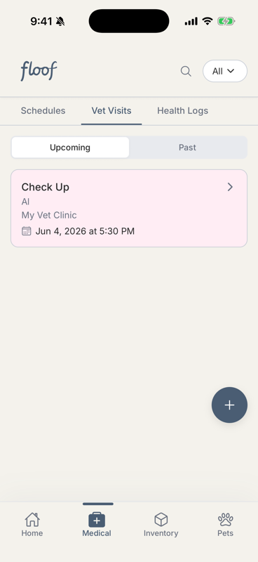 floof Medical tab Vet Visits list showing an upcoming scheduled appointment card