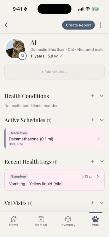 Pet profile screen showing the pet header card with a Create Report button in the top navigation