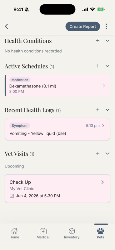 Pet profile screen scrolled to show health conditions, active schedules, and recent health log sections