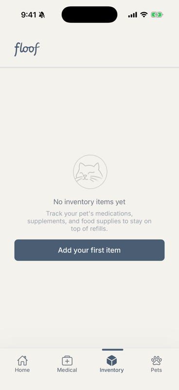 Inventory tab showing a list of tracked medications and supplies with stock levels