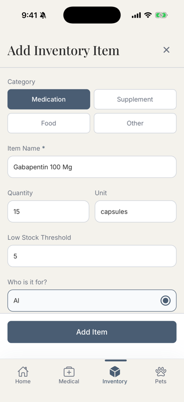 Add Inventory Item form showing quantity, low stock threshold, and linked schedule fields